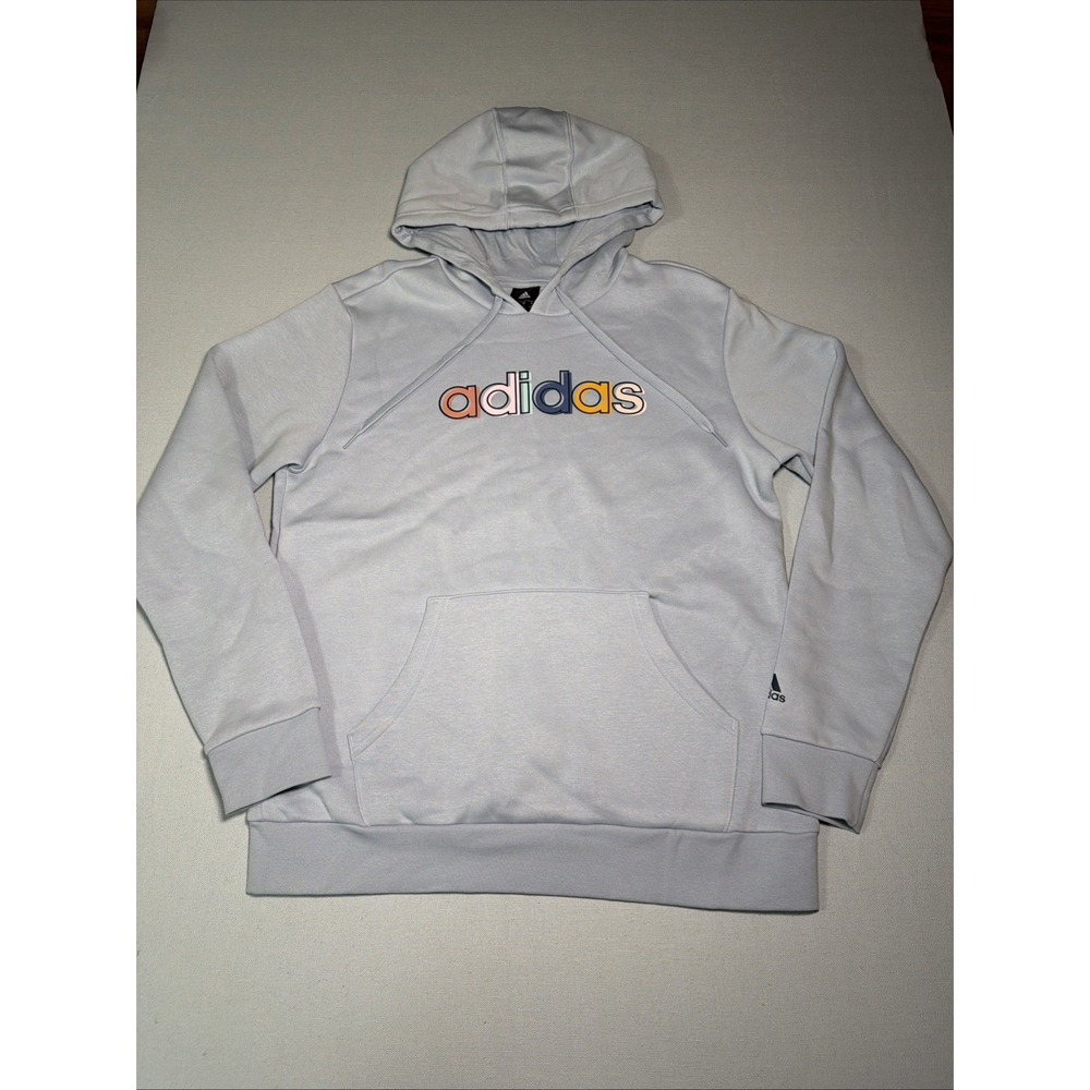 Adidas Sweatshirt Hoodie Womens Size M Blue with Multi-Color Logo Light Blue
